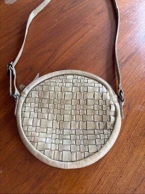 Round Woven Crossbody Bag in Light Beige